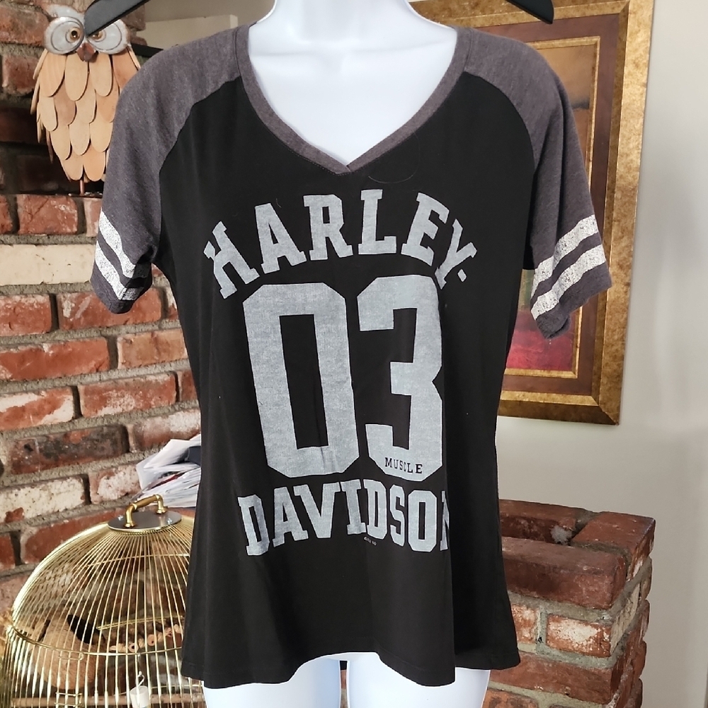Harley-Davidson Black and Gray V-Neck Tee